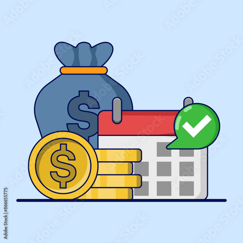 Payment calendar concept. Calendar with monthly payment dates. Monthly subscription payment. Pay day. Tax day. Monthly payments, regular online payments. Flat vector illustration on background.