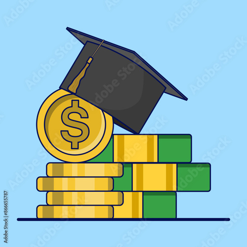 Concept of education costs, tuition fees or scholarships, education cost allocation, money for university or graduation, college diploma, dollar coin with graduation cap and mortarboard certificate.