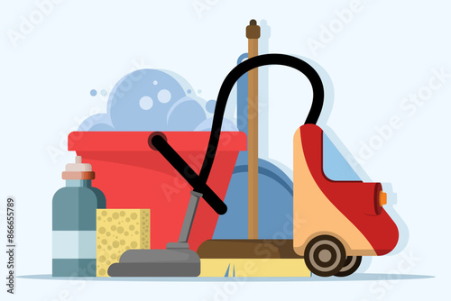 Concept of Tools for cleaning and housework. Vacuum cleaner, floor sweeping brush, dustpan, bucket filled with water and soap suds. Cute flat style vector illustration.
