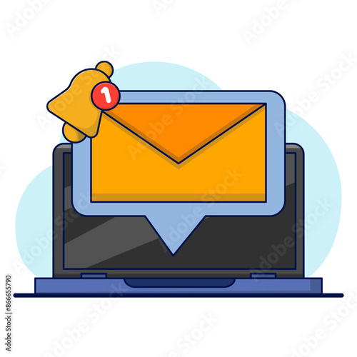 Cartoon notification message concept on laptop. Announcement. Ring the bell as a pop up reminder. Get chat message notifications on your smartphone or laptop. flat cartoon vector illustration design.