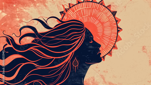 Abstract Artistic Illustration of Woman with Flowing Hair and Radiant Sun Halo in Vintage Style