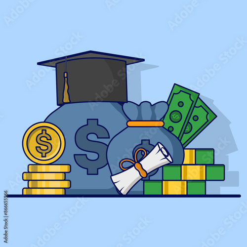 Concept of education costs, tuition fees or scholarships, education cost allocation, money for university or graduation, college diploma, dollar coin with graduation cap and mortarboard certificate.