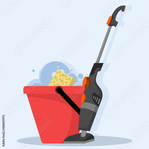 Concept of Tools for cleaning and housework. Vacuum cleaner, floor sweeping brush, dustpan, bucket filled with water and soap suds. Cute flat style vector illustration.