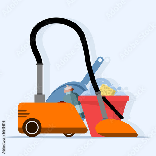 Concept of Tools for cleaning and housework. Vacuum cleaner, floor sweeping brush, dustpan, bucket filled with water and soap suds. Cute flat style vector illustration.