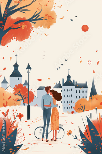 Flat muted colour illustration of a couple in a romantic travel setting, holiday and vacation, copy space blank portrait format, photo