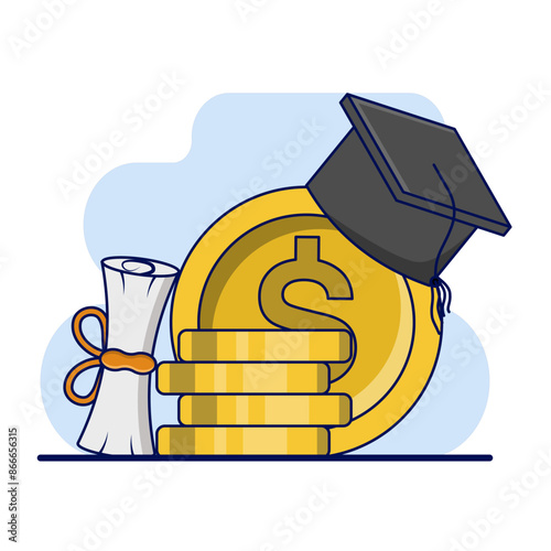 Concept of education costs, tuition fees or scholarships, education cost allocation, money for university or graduation, college diploma, dollar coin with graduation cap and mortarboard certificate.