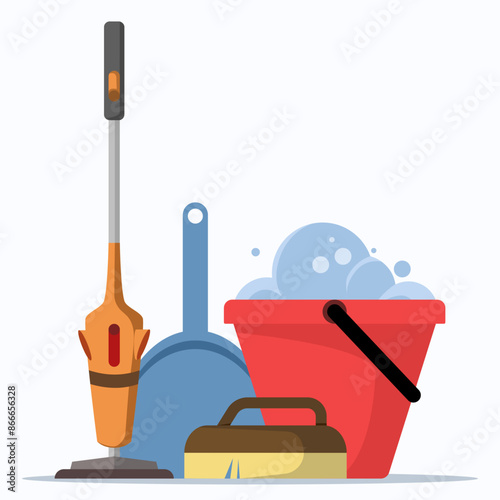Concept of Tools for cleaning and housework. Vacuum cleaner, floor sweeping brush, dustpan, bucket filled with water and soap suds. Cute flat style vector illustration.
