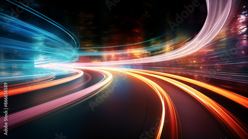 Futuristic Light Trails on a Curved Road at Night with Vibrant Colors and Motion Blur