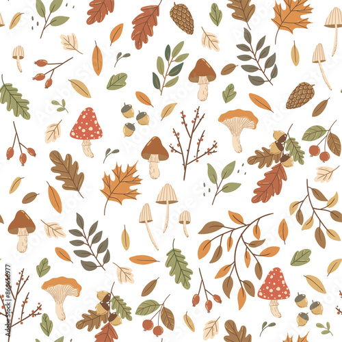 Vector seamless pattern with autumn leaves and mushrooms, perfect for seasonal textiles, wallpaper, wrapping paper, greeting cards, and home decor. Ideal for adding a cozy autumn touch to any creative