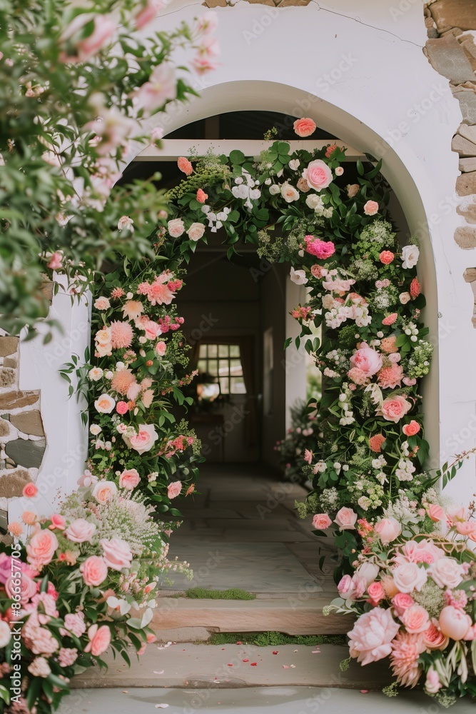 Naklejka premium charming stone chapel entrance adorned with lush floral arrangements, featuring a mix of roses, greenery, and wildflowers