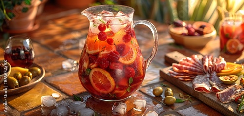 Refreshing studio image of Spanish Sangria, fruity wine punch in a clear glass pitcher with sliced fruits © ishootgood