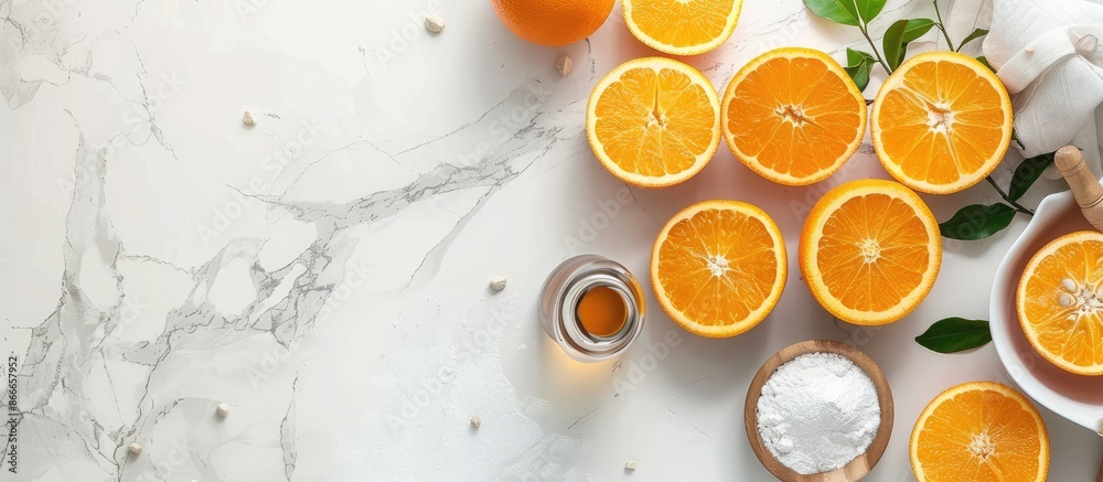 Cooking and baking with oranges on white marble background. Overhead view with empty space.