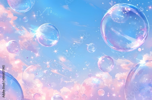 light blue sky background with pastel pink and purple bubbles