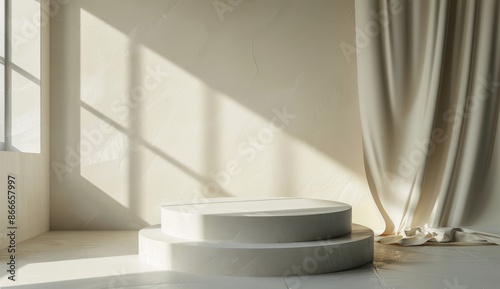 White Marble Platform With Sunlight and Plant in Minimalist Interior