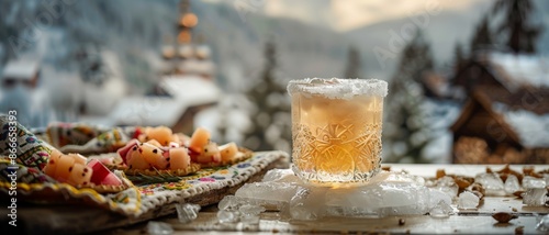 Rustic studio photography of Ukrainian Horilka, vodka in a frosted shot glass photo