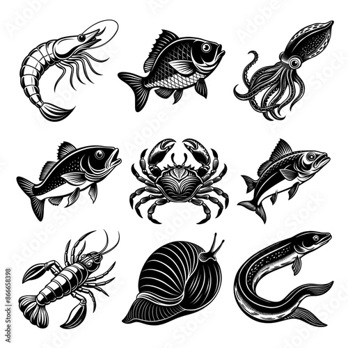 vector, set _ Black and White Illustrations of Sea Creatures and Fish, silhouette illustrations of various sea creatures in hand drawn style