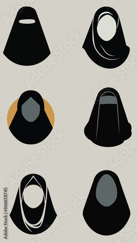 Illustration of various hijab and niqab styles in black and white with one patterned design on a light blue background.