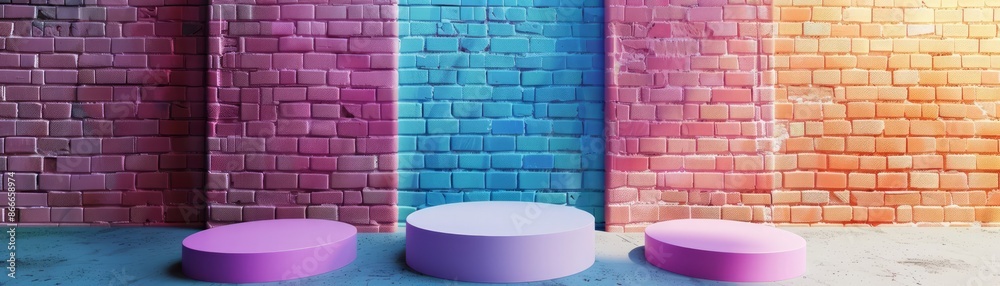 Three Colorful brick wall backdrop with three podiums in pink, purple, and blue, perfect for product display or promotional use. Summer color. Three Colorful brick wall backdrop with three podiums in pink, purple, and blue, perfect for product display or promotional use. Summer color.