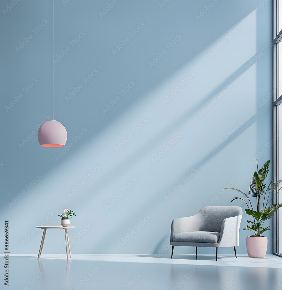 light blue wall with minimal interior design elements