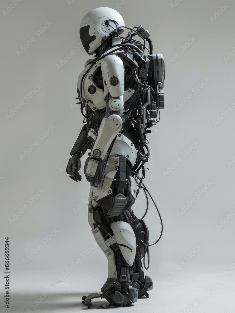 White Robotic Exoskeleton Standing in a Studio White Robotic Exoskeleton Standing in a Studio