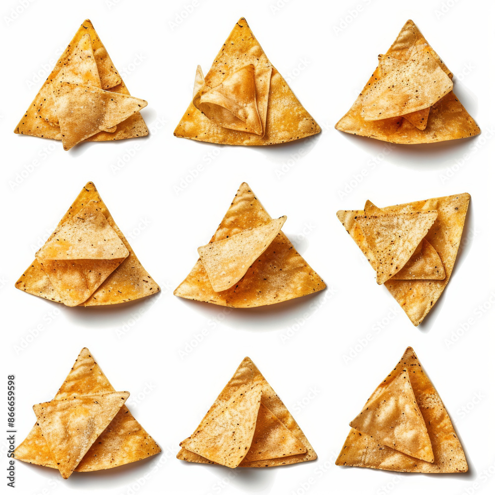 Assortment of Mexican nacho chips, isolated on a white background Assortment of Mexican nacho chips, isolated on a white background