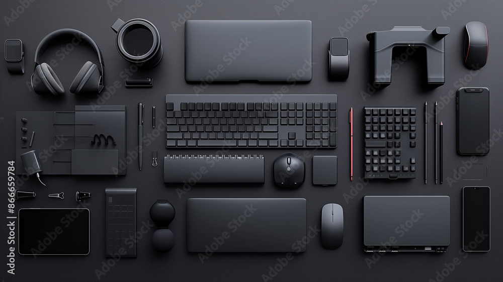A diverse collection of black technological gadgets and accessories arranged neatly, showcasing a modern, monochromatic theme.. A diverse collection of black technological gadgets and accessories arranged neatly, showcasing a modern, monochromatic theme..