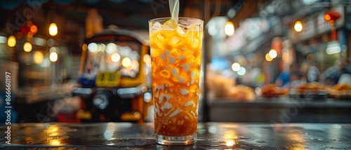 Vibrant commercial image of Thai Cha Yen, Thai iced tea in a tall glass with milk swirls photo