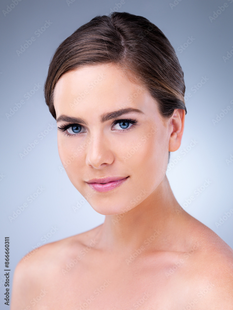 Beauty, cosmetics and makeup with portrait of woman in studio on white background for dermatology. Aesthetic, facial and skincare with confident model at spa for anti aging or vitamin c treatment Beauty, cosmetics and makeup with portrait of woman in studio on white background for dermatology. Aesthetic, facial and skincare with confident model at spa for anti aging or vitamin c treatment