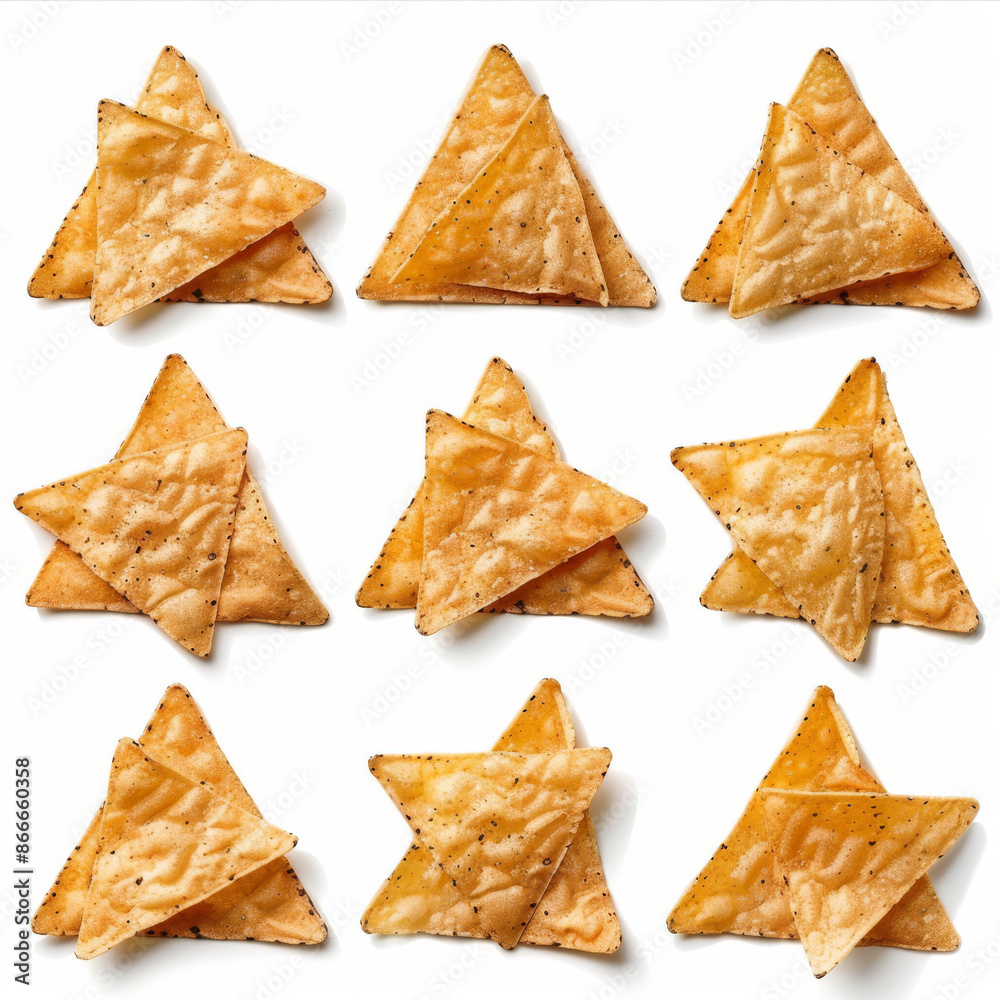 Assortment of Mexican nacho chips, isolated on a white background Assortment of Mexican nacho chips, isolated on a white background