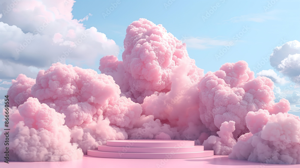 surreal modern wood podium outdoor on blue sky pink gold pastel cloud with space.Beauty cosmetic product placement pedestal present promotion minimal display,spring or summer paradise dream concept.