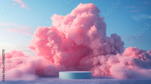surreal modern wood podium outdoor on blue sky pink gold pastel cloud with space.Beauty cosmetic product placement pedestal present promotion minimal display,spring or summer paradise dream concept.
