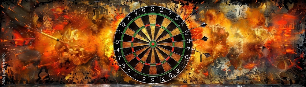 Obraz premium A virtual dartboard with darts striking the center target, symbolizing a series of successful attempts in a vivid digital landscape ,The images are of high quality and clarity