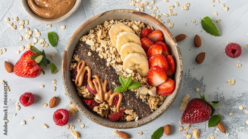 Fototapeta premium Healthy granola bowl with hemp seeds maca powder peanut butter and berries on white surface