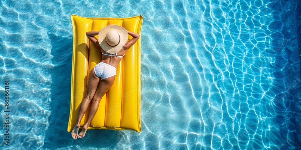 Woman Relaxing on Inflatable Raft in Swimming Pool. An aerial view of a ...