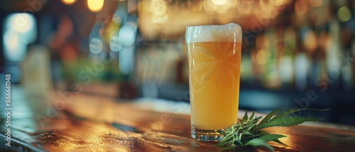 A Glass of Beer With Cannabis Leaves in a Sunlit Bar Setting