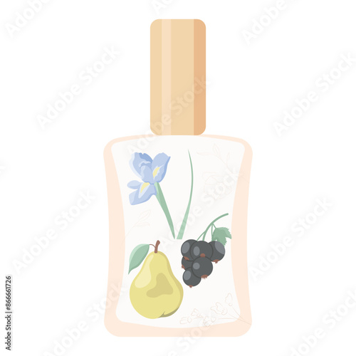 Perfume bottle, isolate on white, muted colors, flat style, pear, currant, iris flower