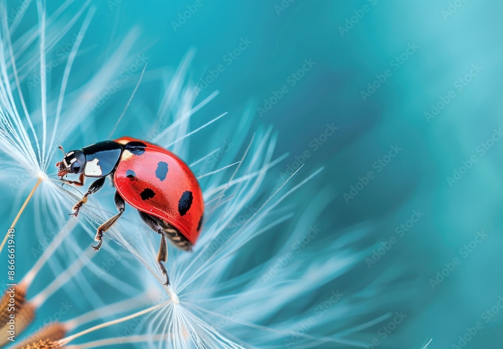 Ladybug and dandelion in blue sky nature scene with beauty of small traveling insect on flower petal Ladybug and dandelion in blue sky nature scene with beauty of small traveling insect on flower petal