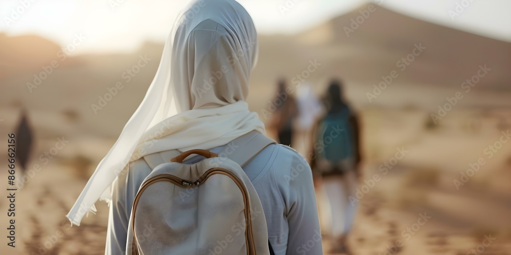 Φωτογραφία Portrait of North African woman in headscarf walking in desert with others