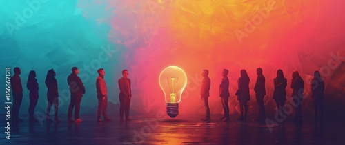Group of Silhouettes Standing Before a Lit Lightbulb, Illustrating Collaborat...