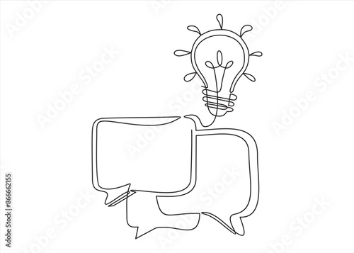 One continuous line drawing of speech bubble with light bulb. Creative idea and help dialogue frame concept in simple linear style. Brainstorm and info message symbol.