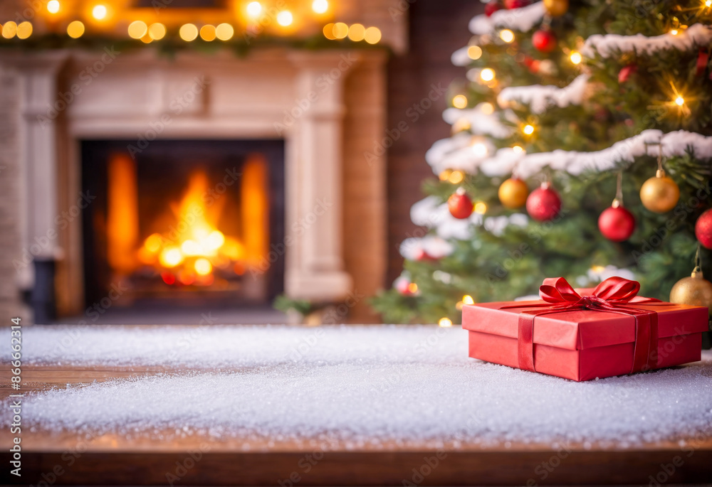Wooden table in front of fireplace with wood burning in background Wooden table in front of fireplace with wood burning in background