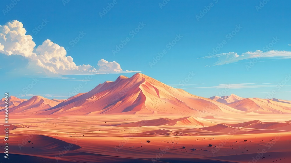 A serene desert landscape with rolling sand dunes, a clear blue sky, and a distant oasis