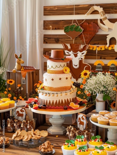 Western Themed Birthday Party Dessert Table With Three Tiered Cake and Cowboy Hat