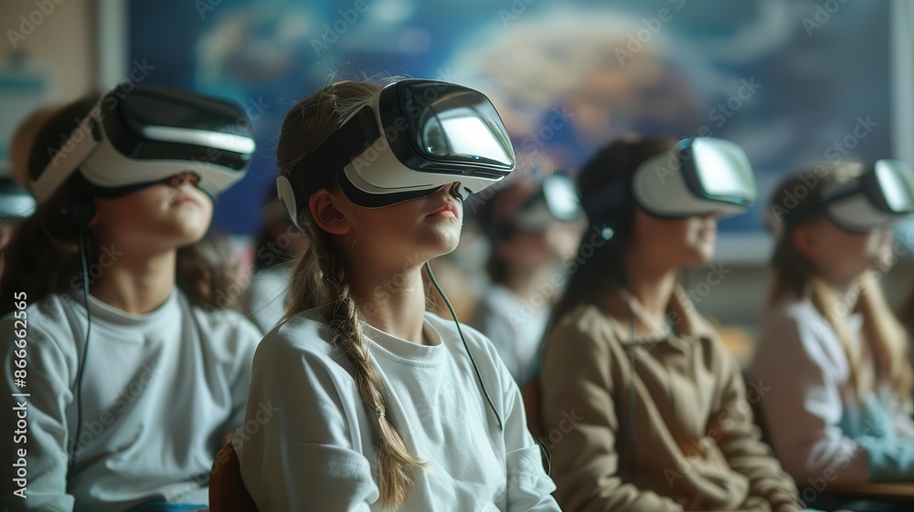 A futuristic classroom where students use VR headsets to explore virtual worlds and interactive educational content A futuristic classroom where students use VR headsets to explore virtual worlds and interactive educational content