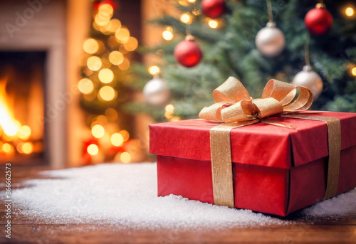Wooden table in front of fireplace with wood burning in background