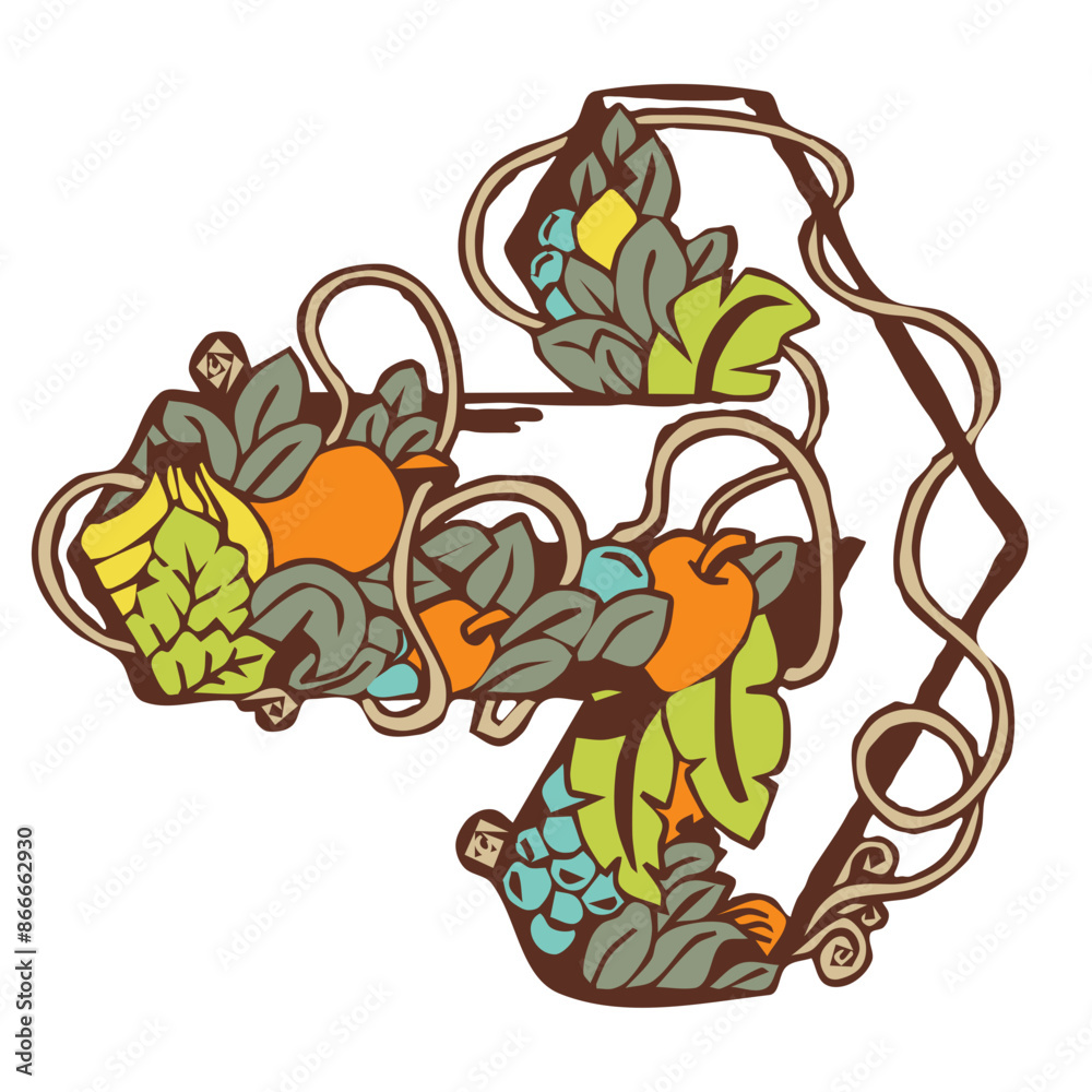 right arrow icon with transparent axis in the center, earth color for outline around it, and tropical jungle color palette for the items and leaves or fruit as elements inside the shape formation right arrow icon with transparent axis in the center, earth color for outline around it, and tropical jungle color palette for the items and leaves or fruit as elements inside the shape formation