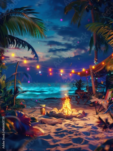 Tropical Beach Bonfire Party Under Starry Night Sky