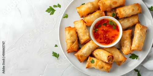 Filipino lumpia crispy rolls with savory filling served with sweetsour dipping sauce. Concept Filipino cuisine, Lumpia, Crispy rolls, Savory filling, Sweet and sour dipping sauce photo