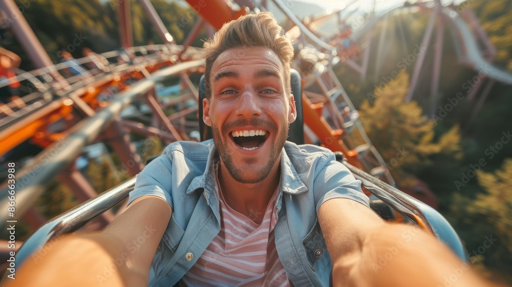 Young man laughing and screaming riding a roller coaster at an amusement park. Young man laughing and screaming riding a roller coaster at an amusement park.