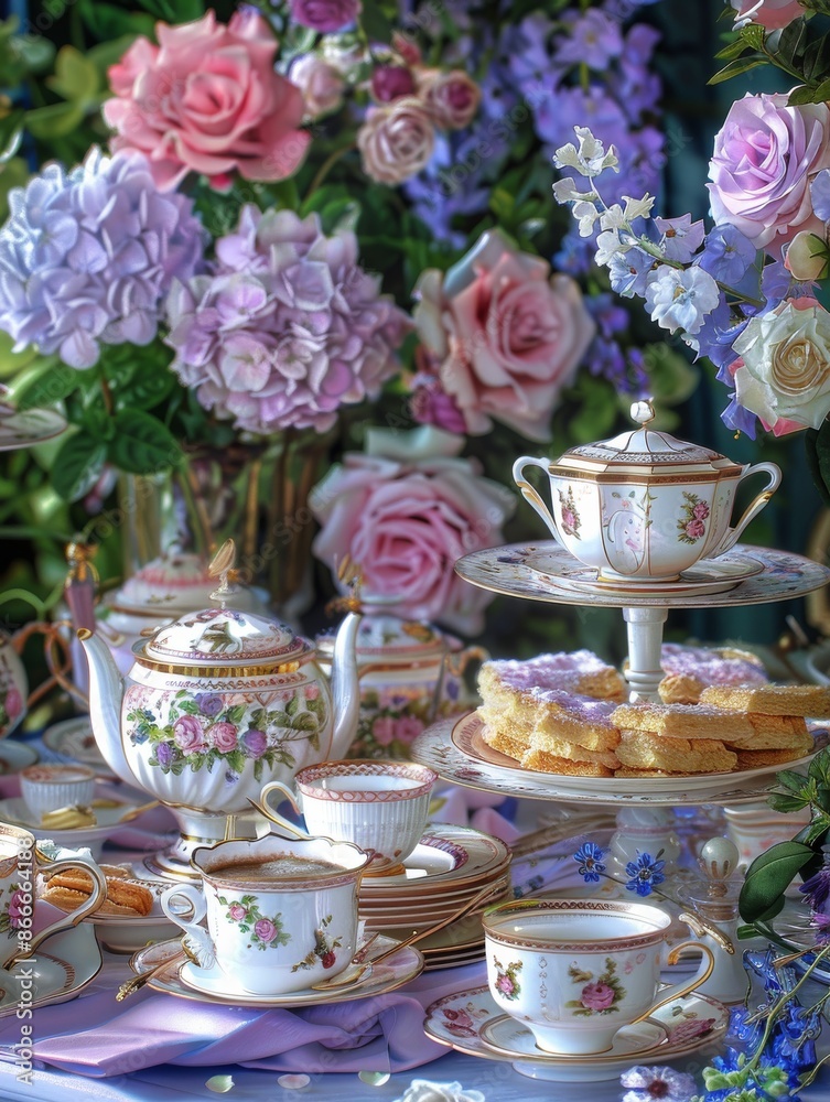 Elegant Tea Party Setting With Floral Decor and Delicate Treats Elegant Tea Party Setting With Floral Decor and Delicate Treats